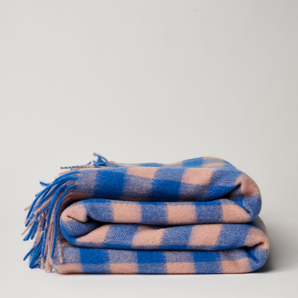 Lambswool Throw Blanket-Blue Check